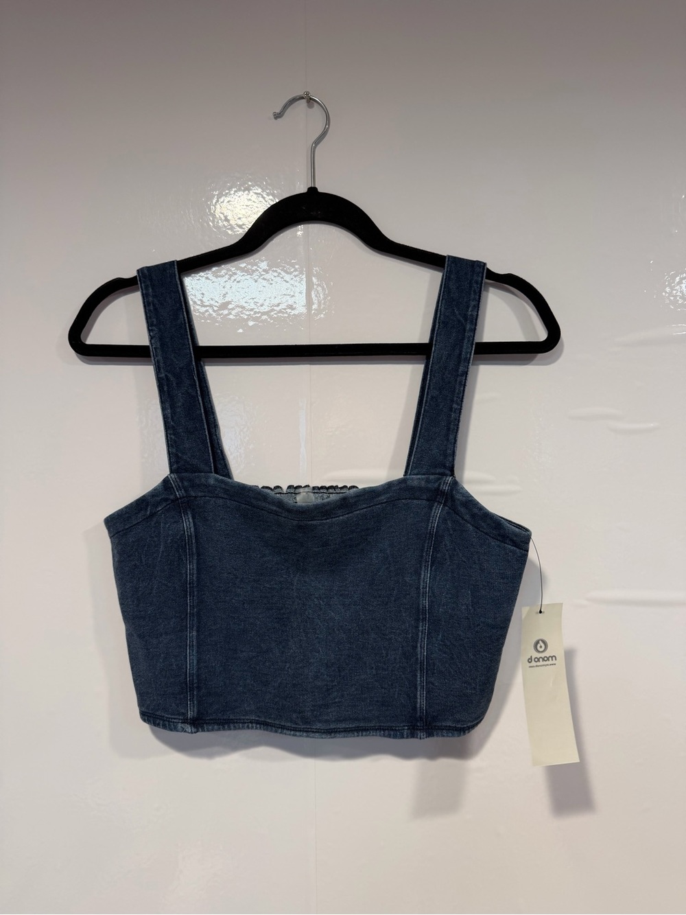 Mono B Womens Denim Crop Tank Top Dark Blue Wide Strap Smocked Back KTR12237 L